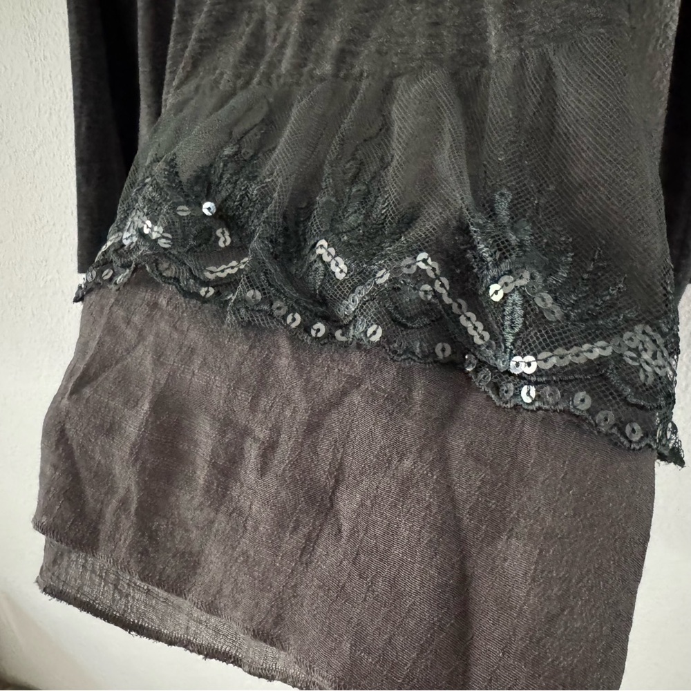 Boho Sequin Embellished Sheer Hem Gray Layered Tunic Blouse Avalin L Romantic - Picture 5 of 14